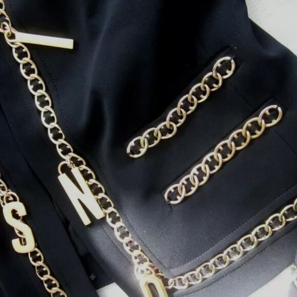Moschino Black Jacket Gold Chain Logo LetterS TRIM Couture Italian IT40 USA 6 - Picture 12 of 13
